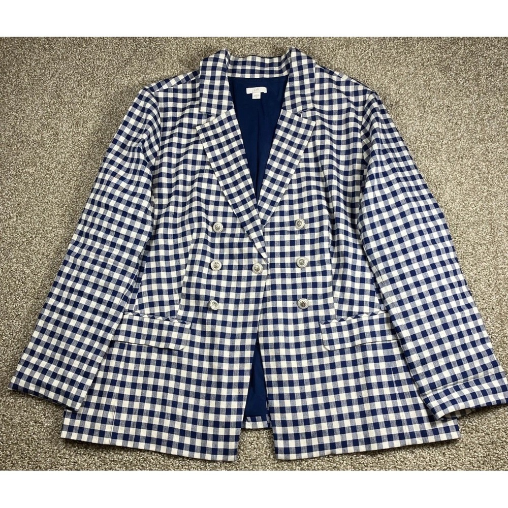 J Jill Blazer Womens 2X Blue White Gingham Linen Stretch Double‎ Breasted Jacket